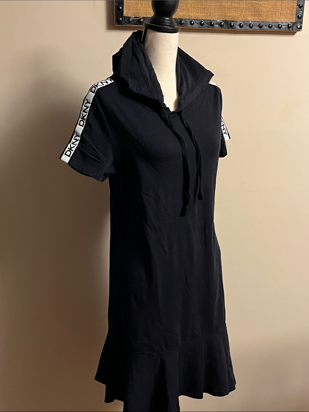 DKNY Black Short Sleeve Hoodie Dress with White Logo Tape, medium